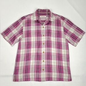 Tommy Bahama Pink Plaid 100% Silk Button Down Pocket Shirt.